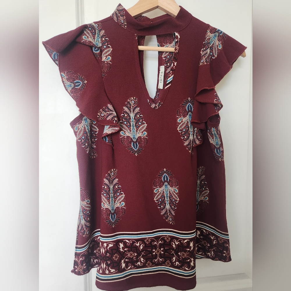 Papaya Womens Maroon Paisley Ruffle Sleeve Top Boho Casual  Fall Style  Size S